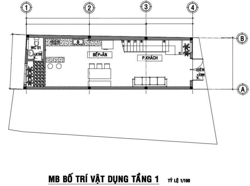 Mặt bằng công năng tầng 1 nhà phố 4 tầng