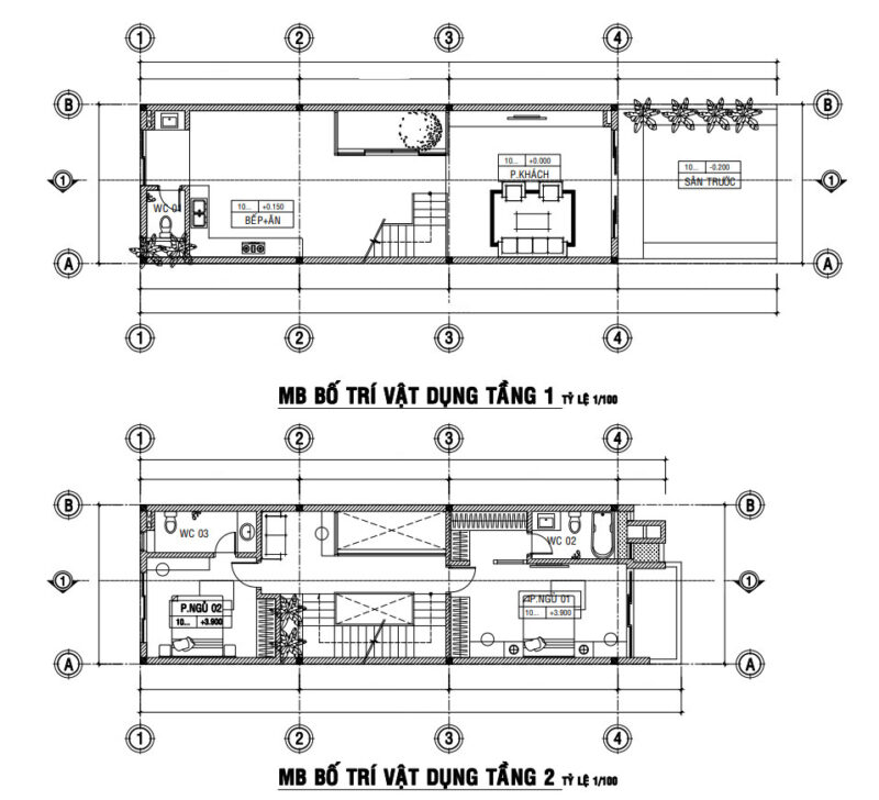 Mặt bằng bố trí vật dụng tầng 1 tầng 2