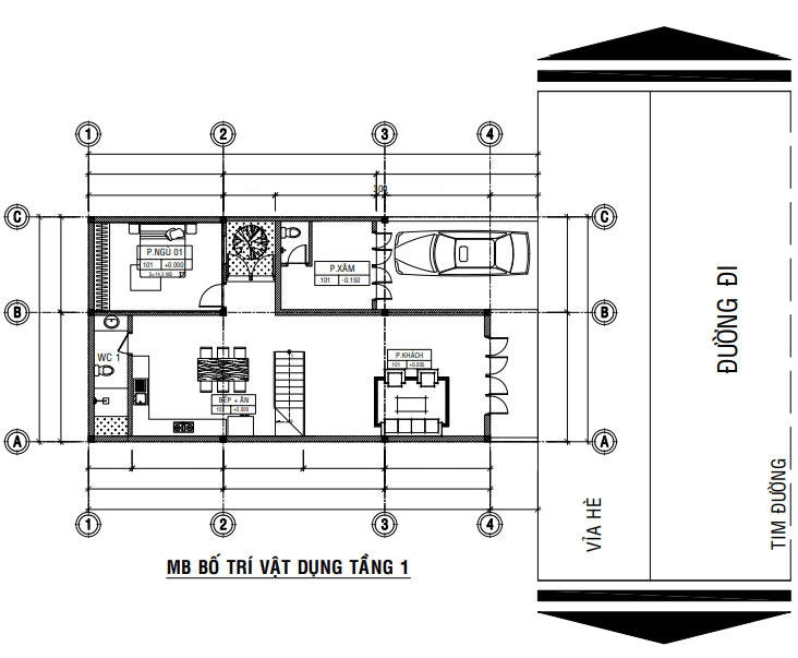 Biệt thự 2 tầng hiện đại tại KDC Ngọc Bảo Viên Mặt bằng bố trí công năng tầng 1 công trình biệt thự 2 tầng hiện đại