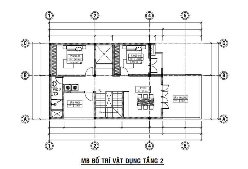 Biệt thự 2 tầng hiện đại tại KDC Ngọc Bảo Viên Mặt bằng bố trí công năng tầng 2 công trình biệt thự 2 tầng hiện đại