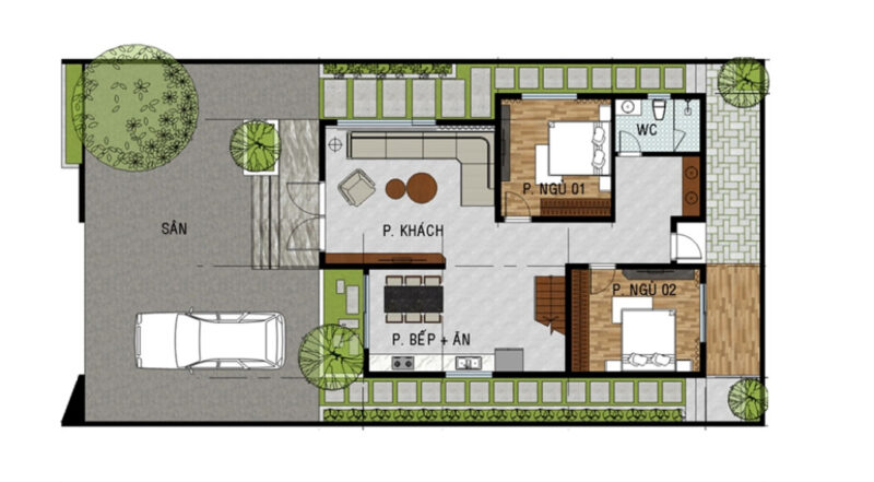 Nhà phố 2 tầng thời thượng Mặt bằng bố trí vật dụng tầng 1