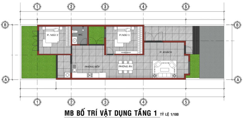 Nhà phố 1 tầng 2 phòng ngủ 6.5x24 Mặt bằng sơ bộ tầng 1