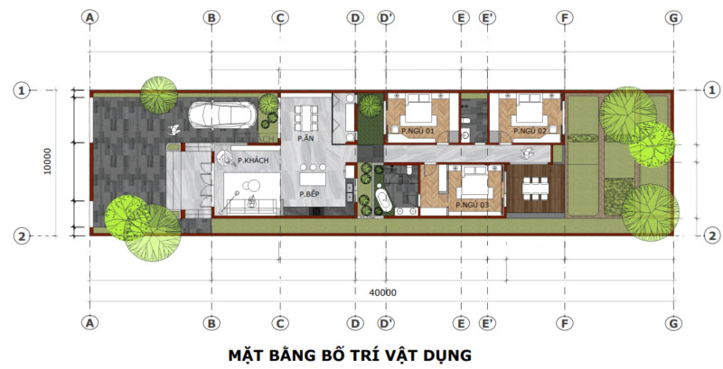 Biệt thự vườn 1 tầng mái Nhật 10x40m Mặt bằng công năng biệt thự 1 tầng mái Nhật 10x40m