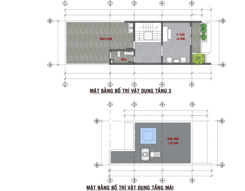 Mặt bằng công năng tầng 3 và tầng mái
