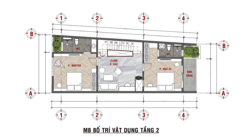 Mặt bằng công năng tầng 2 Nhà phố 3 tầng đẹp hiện đại đường Chu Văn An