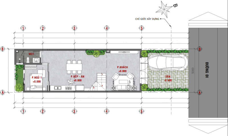 Nhà phố 2 tầng hiện đại, thông thoáng và tiện nghi KDC 577 Mặt bằng tầng 1 – tối ưu hóa không gian sinh hoạt chung