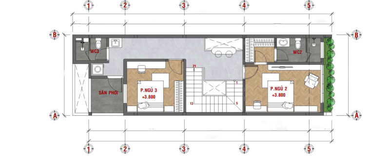 Nhà phố 2 tầng hiện đại, thông thoáng và tiện nghi KDC 577 Mặt bằng tầng 2 – không gian riêng tư tiện nghi