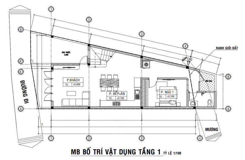 Nhà phố 2 tầng hiện đại với đường cong mềm mại đường Lê Thánh Tôn Mặt bằng tầng 1