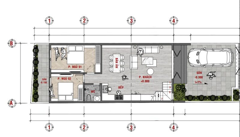 Nhà phố 2 tầng hiện đại với đường cong mặt tiền độc đáo và cuốn hút Mặt bằng công năng tầng 1