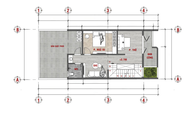 Nhà phố 2 tầng hiện đại với đường cong mặt tiền độc đáo và cuốn hút Mặt bằng công năng tầng 2