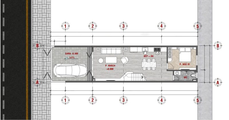 Nhà phố 4 tầng hiện đại – Tối ưu công năng, tinh tế trong từng đường nét Mặt bằng công năng tầng 1