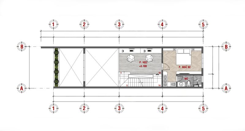 Nhà phố 4 tầng hiện đại – Tối ưu công năng, tinh tế trong từng đường nét Mặt bằng công năng tầng 2