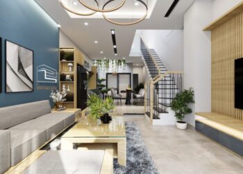 Cầu thang sắt tay vịn gỗ